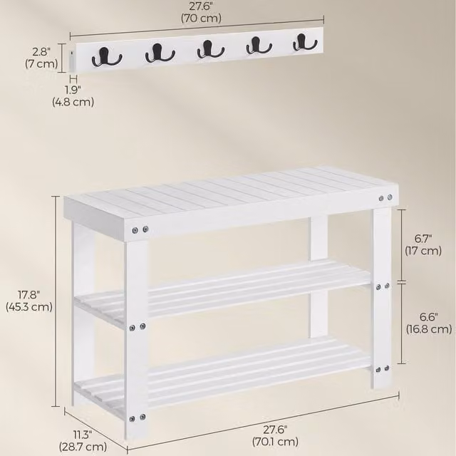 SONGMICS White Hall Tree with Bench, Shoe Rack and Dual Hook and Rail Matrix