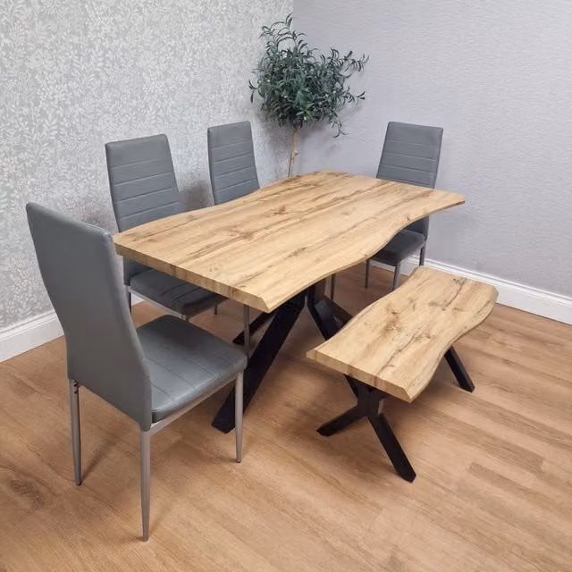 Kosy Koala Wooden Dining Set with X-Shaped Legs, 4 Grey Leather Chairs and Bench in Brown