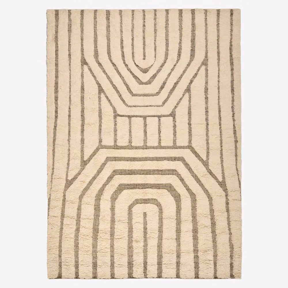 Atkin and Thyme Oberoi Abstract Shaggy Wool and Cotton Rug, Taupe, White and Beige, W: 200 cm, L: 300 cm