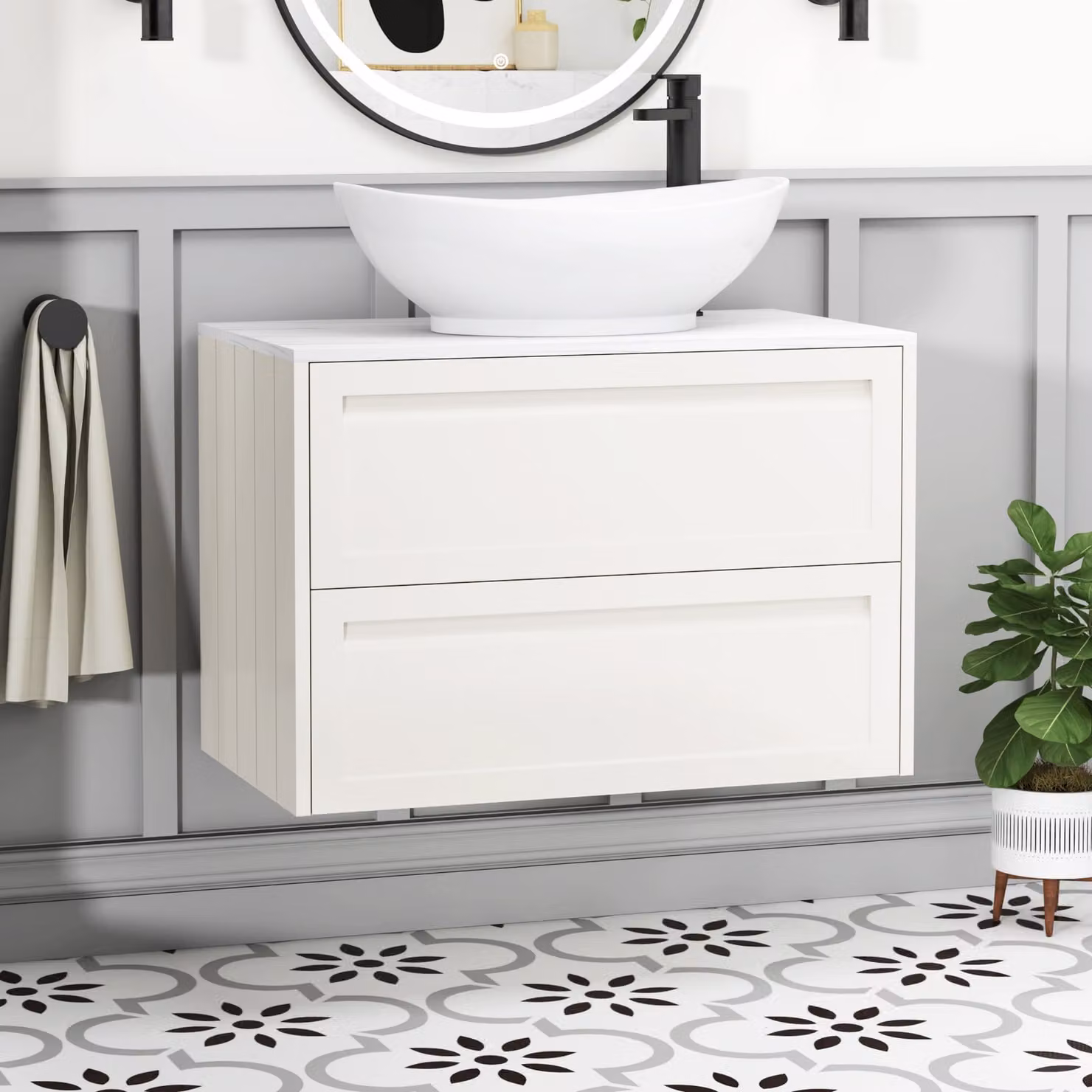 Royal Bathrooms Elmore Classic White Wall Hung 2 Drawer Vanity Unit with Amaze Basin, Width: 80 cm