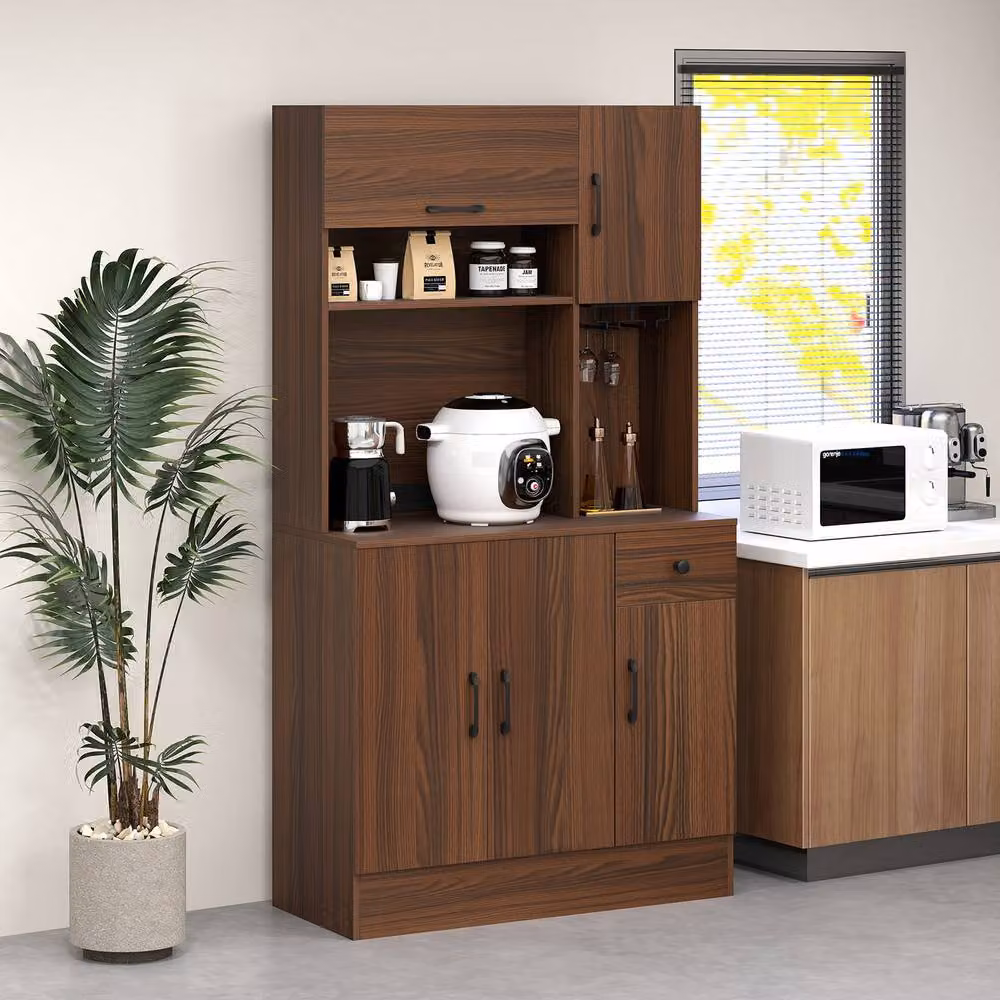 Gymax Tall Pantry Kitchen Storage Cabinet with Power Outlets in Walnut – 7