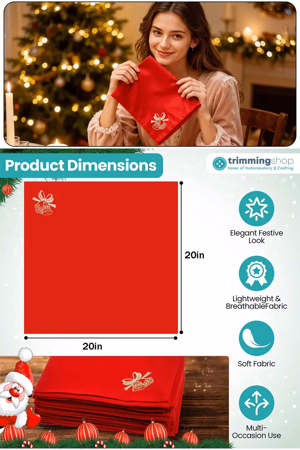 Neel Blue Christmas Table Napkins with Jingle Bell Embroidery, 10 Pieces, Red, 50.8 x 50.8 cm – 2