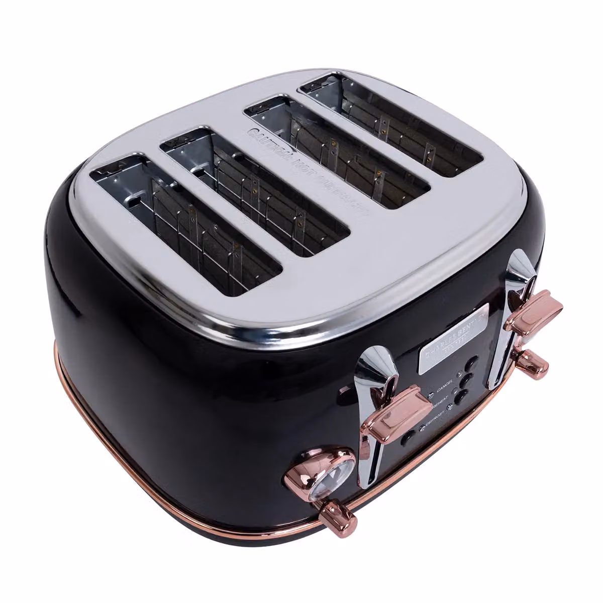 Charles Bentley 4 Slice Stainless Steel Toaster with Tray in Black and Rose Gold – 4