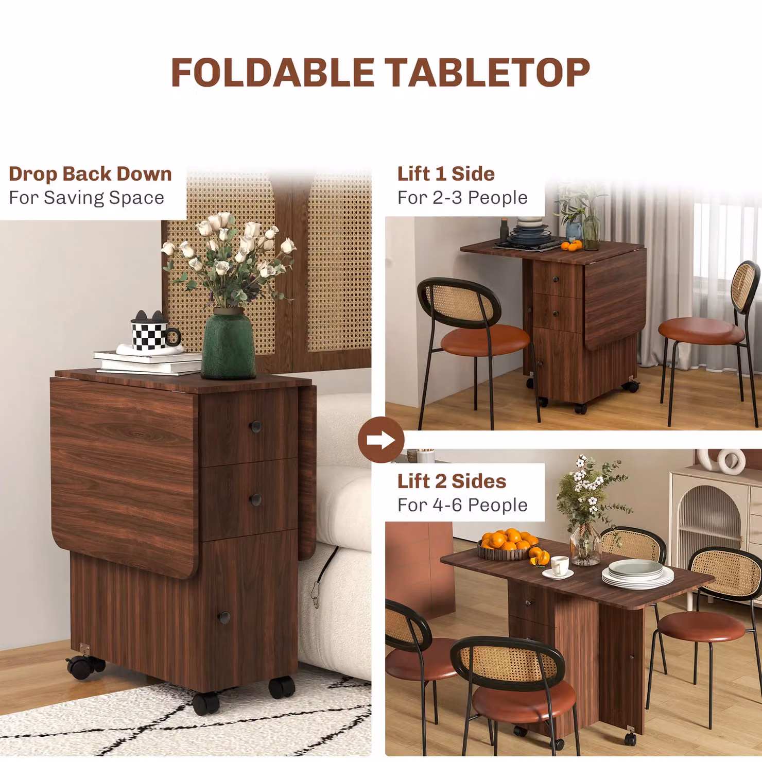 HOMCOM Brown Folding Drop Leaf Dining Table for 4-6 People with Castors – 5