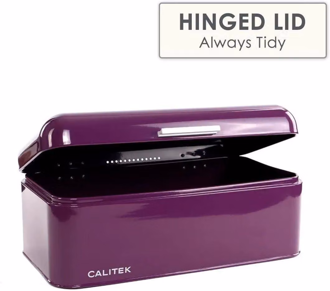 Calitek Vintage Style Ventilated Bread Bin in Purple Coated Carbon Steel, W: 42.0 cm, D: 22.5 cm, H: 17.0 cm – 6