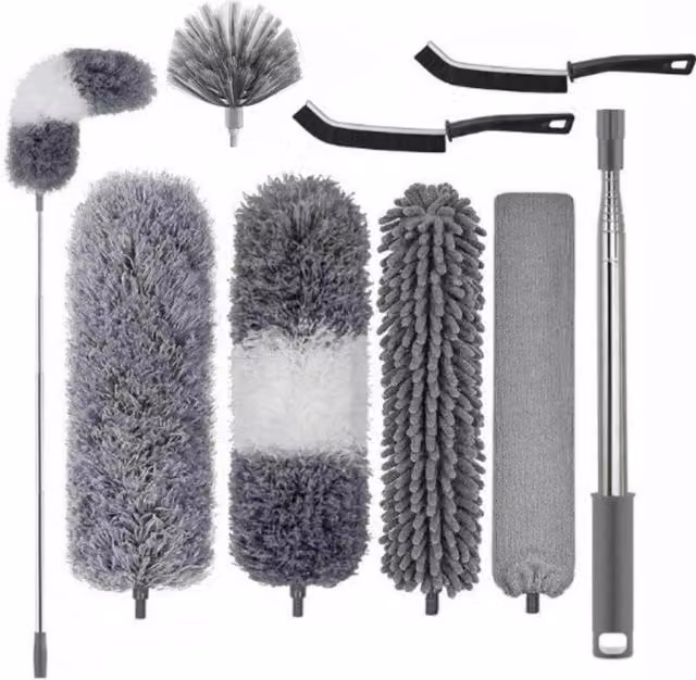 VOGREX 8 Pack Extendable and Bendable Microfibre Feather Duster with Telescopic Handle and Refillable Head in Multicolour and Grey – 1
