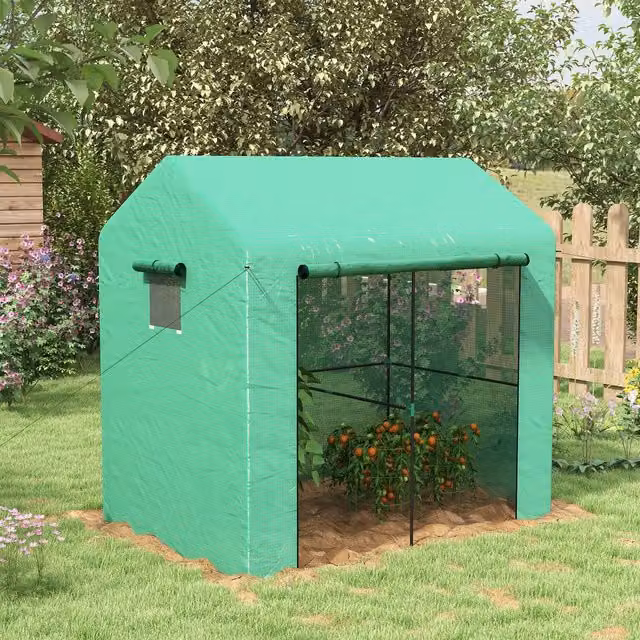 Outsunny Green Walk-in Greenhouse with Roll-up Door and Mesh Windows