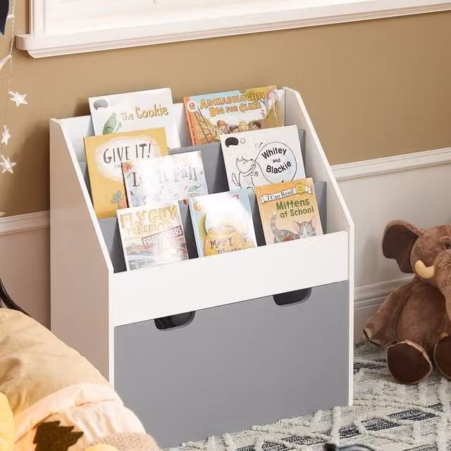 SoBuy Childrens Bookcase on Wheels in Grey and White