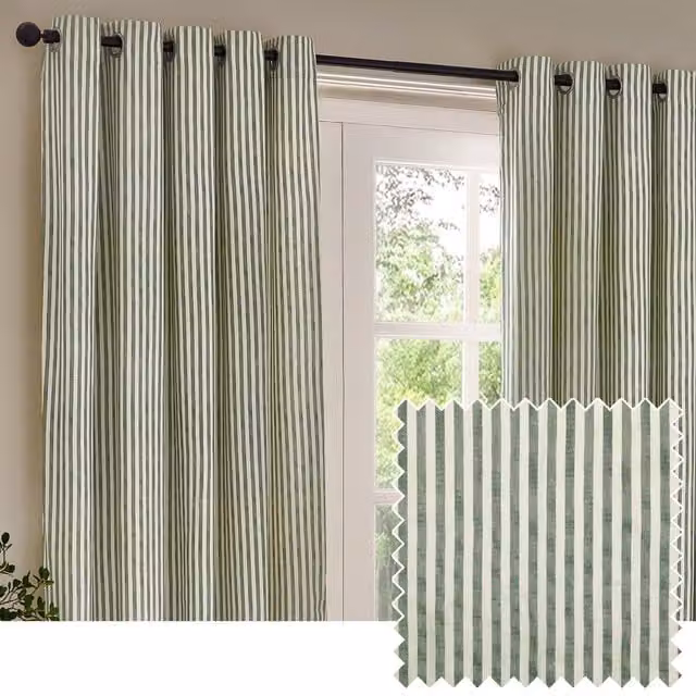 Make It A Home Striped Cotton Eyelet Curtain Pair in Green, Width: 137 cm, Height: 117 cm