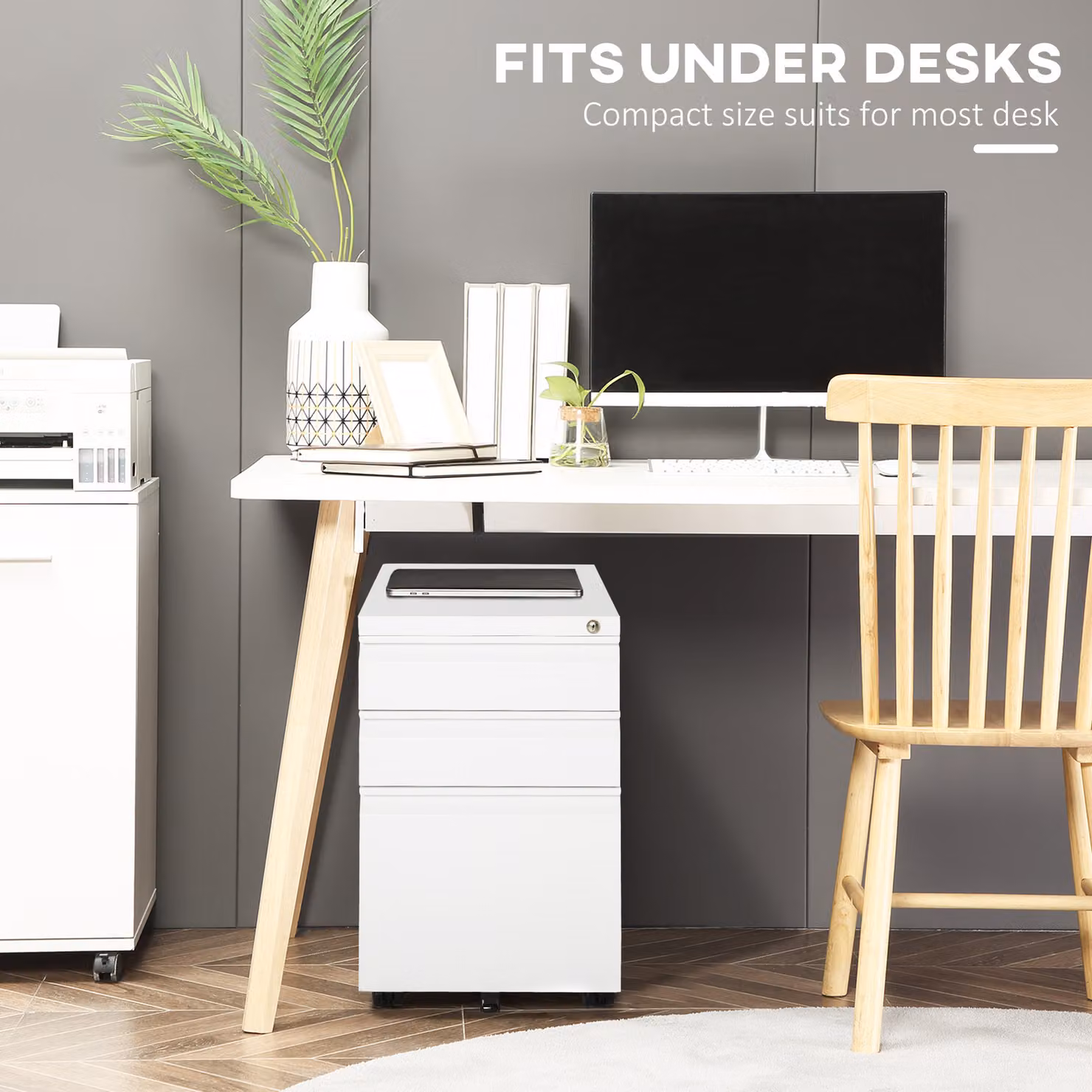 Vinsetto White Wooden Mobile File Cabinet with 3 Lockable Drawers, H 60 x W 39 x D 48 cm – 5