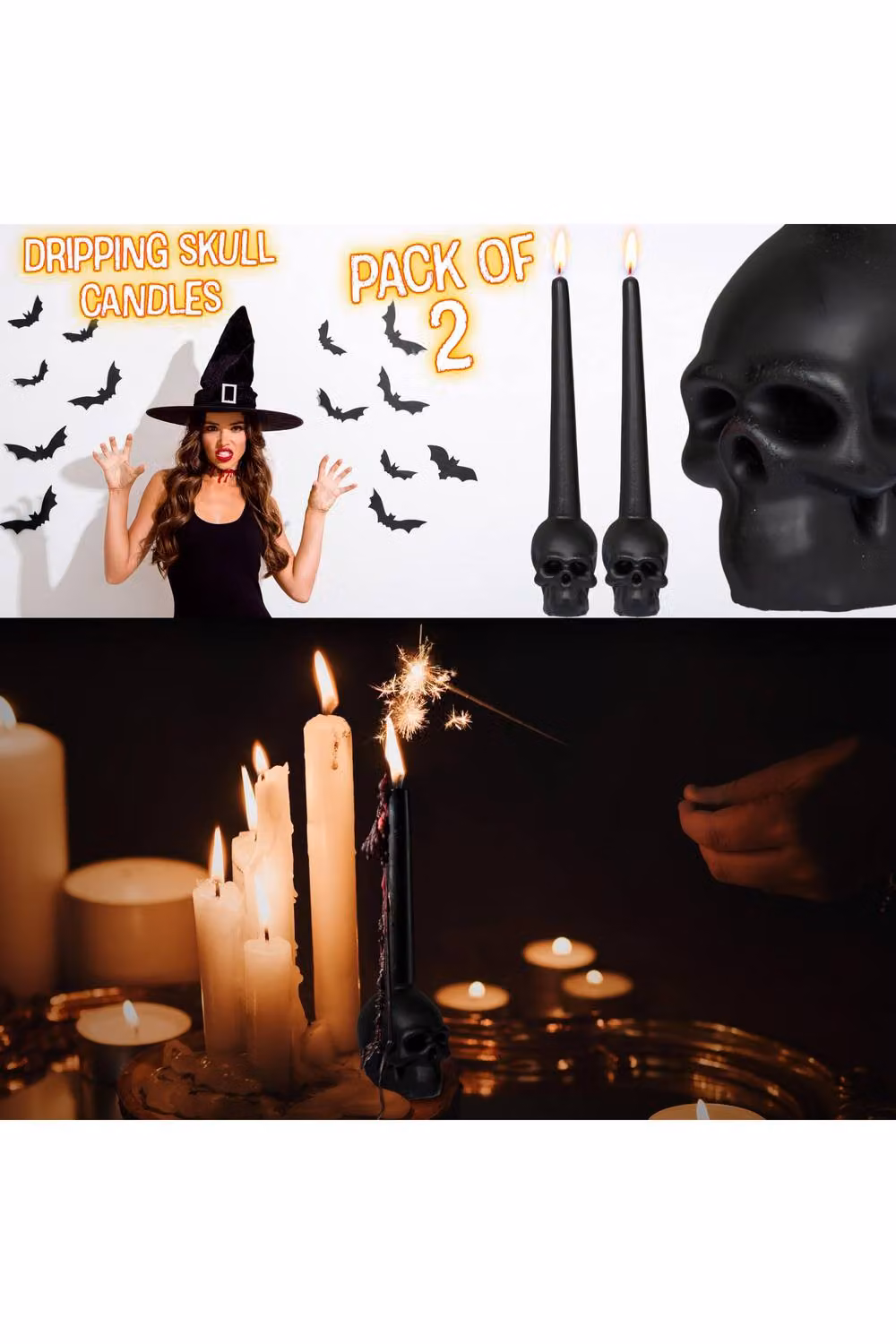 Deco Express Pack of 2 Black Skull-Shaped Tapered Unscented Gothic Candles – 9