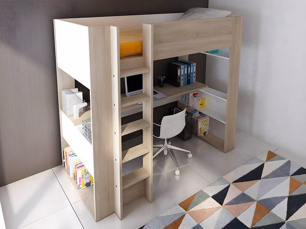 Vente-unique Loft Single Bed with Integrated Desk and Storage in Oak and White, W/D/H: 200 x 90 x 183 cm – 3