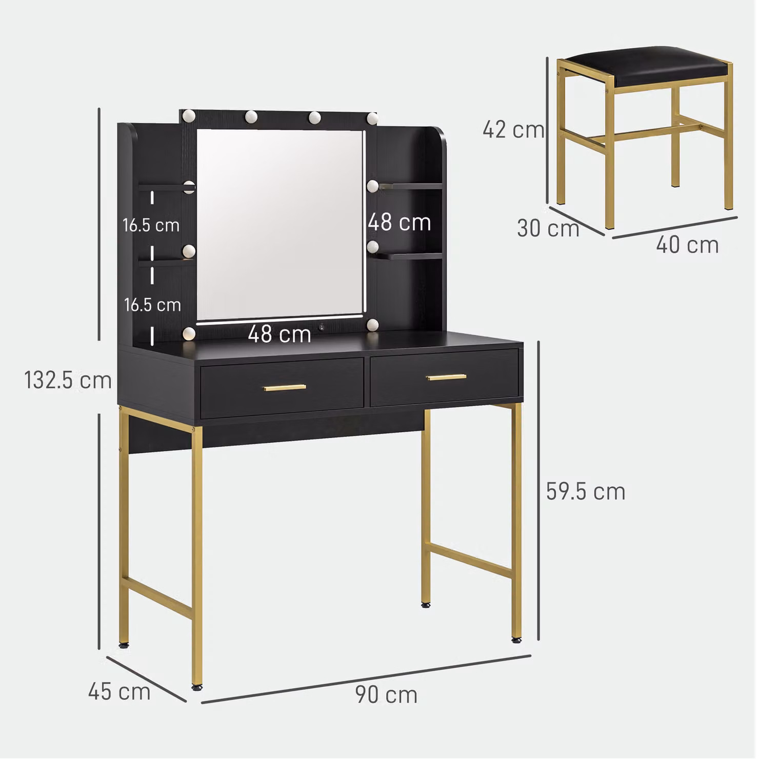 HOMCOM Modern Black Dressing Table Set with Hollywood LED Lighted Mirror, Cushioned Stool, Drawers and Shelves – 3