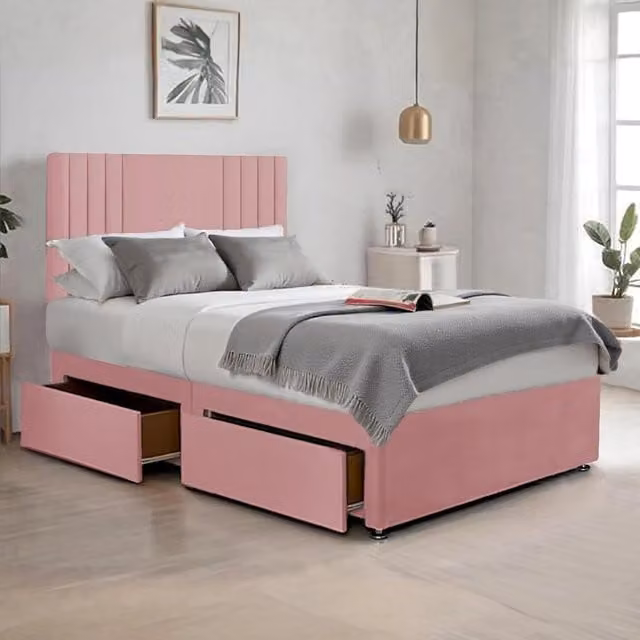 Bed Time UK Plush Sawana Small Double Bed with 20 inch Headboard, Memory Foam Hybrid Mattress and 2 Drawers in Pink Velvet Fabric, W/D/H: 120 x 200 cm