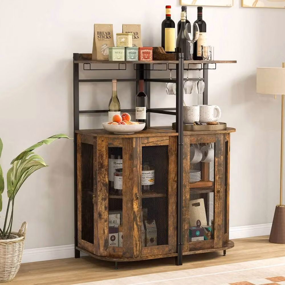 Kelvenix Industrial Corner Wine Cabinet Buffet in Brown with Glass Doors – 4