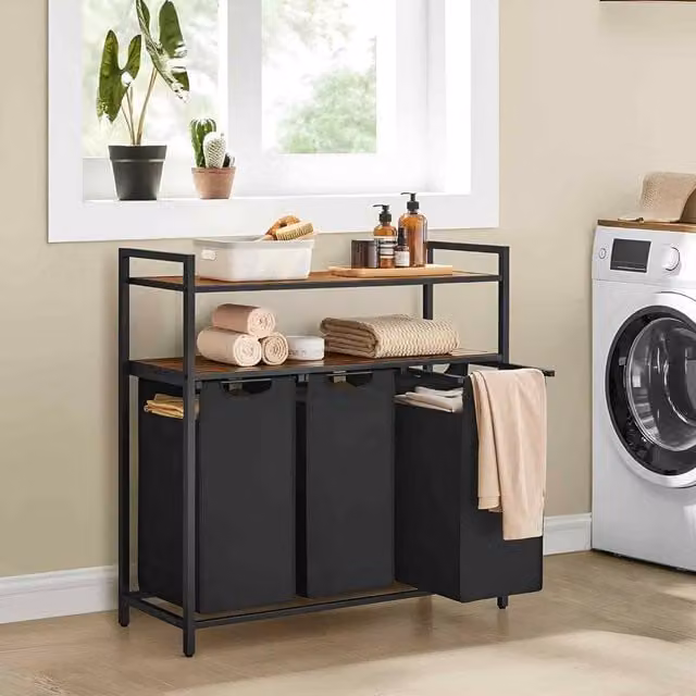 The Bazaarist 3 Bag Laundry Sorter with Pull Out Hampers and Shelves, Brown and Black