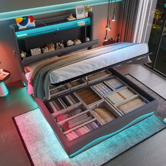 Matteo Modern Upholstered Double Bed in Grey Velvet with LED Headboard, Storage and USB Charging Ports, W/D/H: 140 x 200 cm
