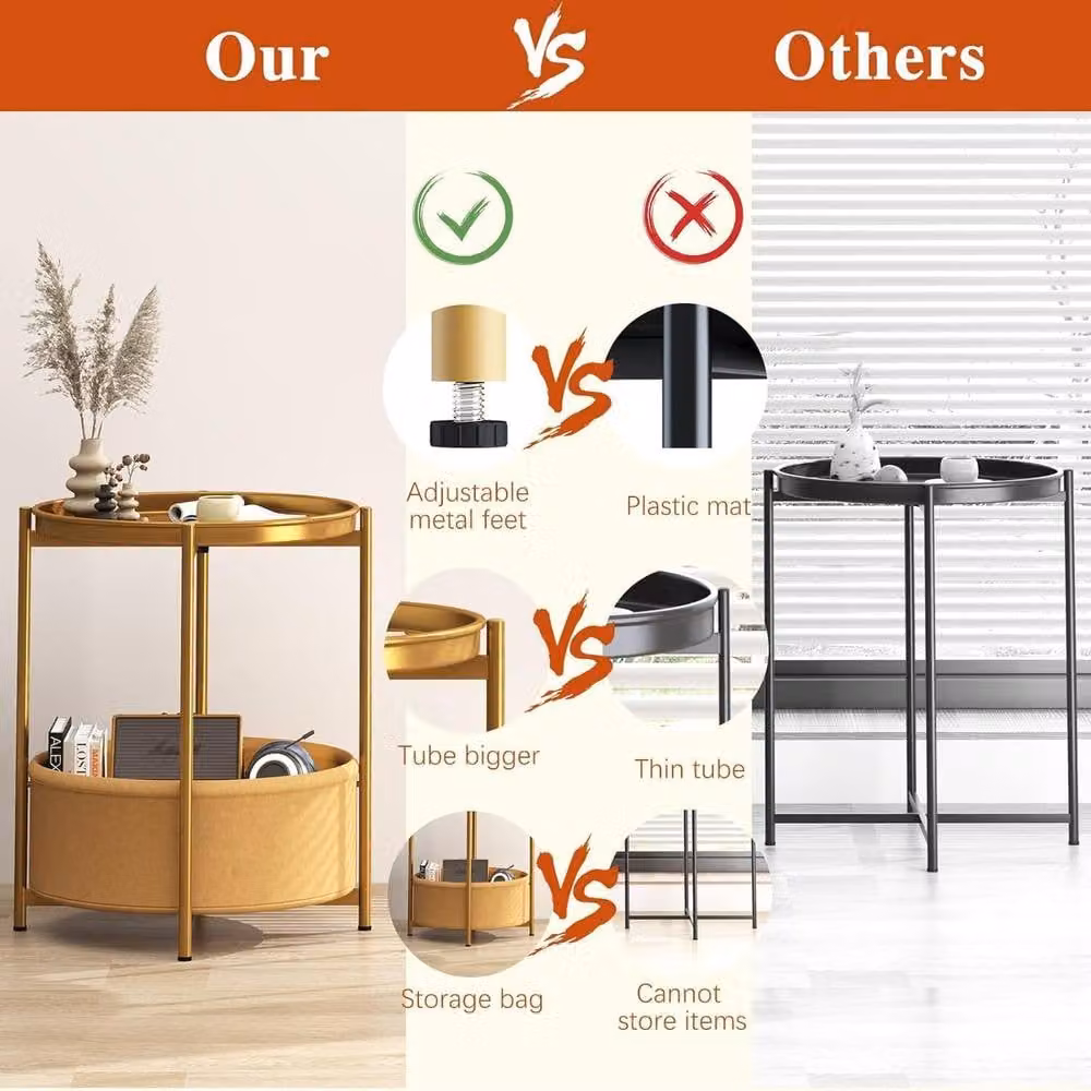 Huhote Gold 2 Tier Round Fabric End Side Table with Storage Basket – 2