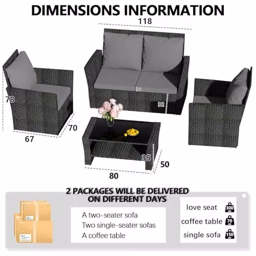 BIRCHTREE 4 Seater Rattan Garden Furniture Set with Sofa, Armchair, Coffee Table and Cushions in Black – 4