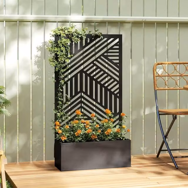 OUTSUNNY Metal Raised Garden Bed with Trellis in Black – 1