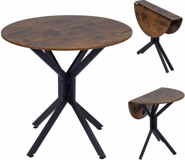 EONLION Round Drop Leaf Dining Table in Brown with Metal X-Frame Base, W/D/H: 100 x 80 x 76 cm – 1