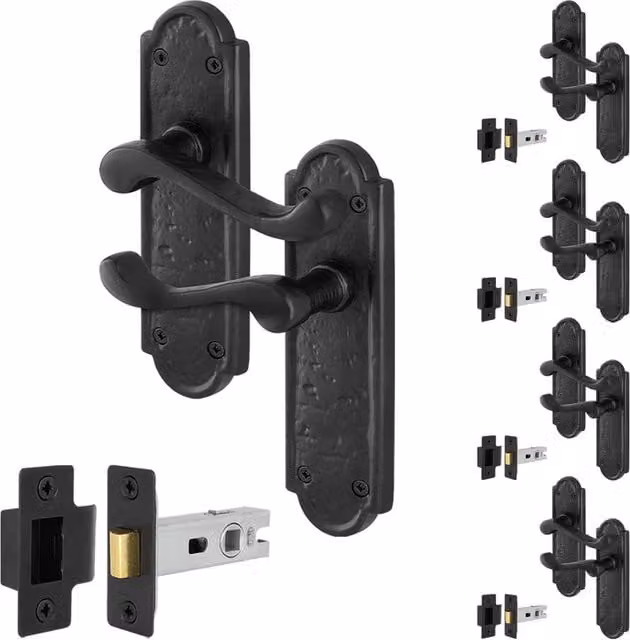 AFIT Black Antique Cast Iron Door Handles with Long Backplate Latch Set, 5 Pairs, W/D/H: 150 x 100 x 15 mm