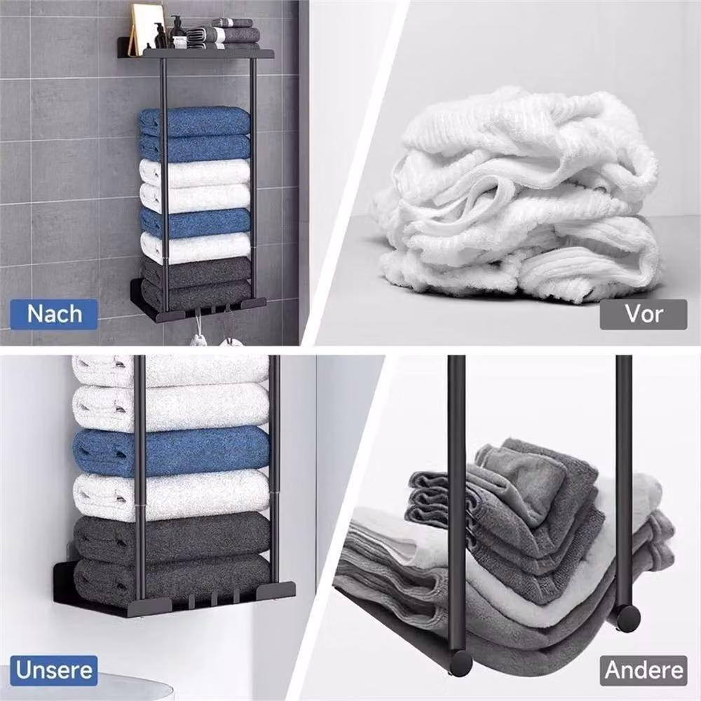 Kelvenix Black Metal Wall Mounted Towel Rack and Storage Shelf with Hooks – 3