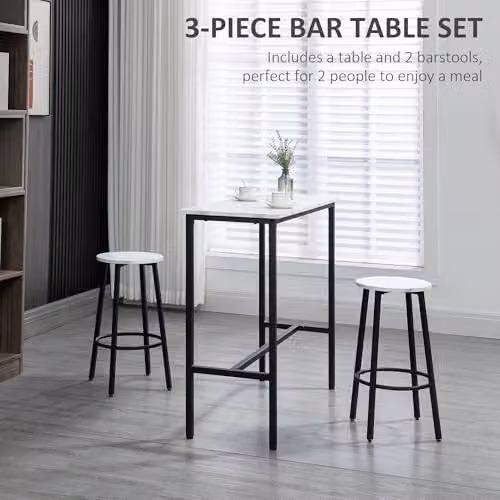 HOMCOM 3 Piece Modern Dining Table Set with 2 Stools, White – 3