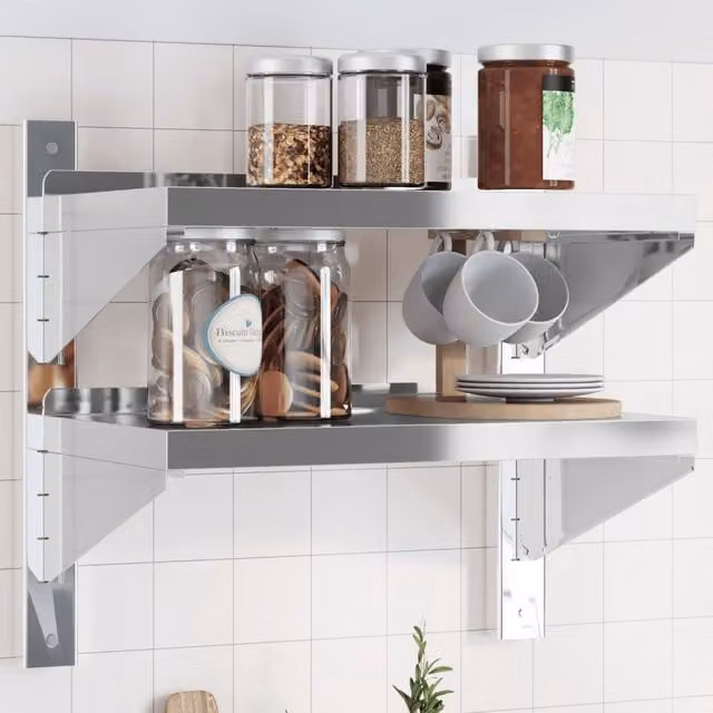 Berkfield Home 2-Tier Wall Mounted Metal Shelf in Silver, W/D/H: 50 x 30 x 60 cm – 1