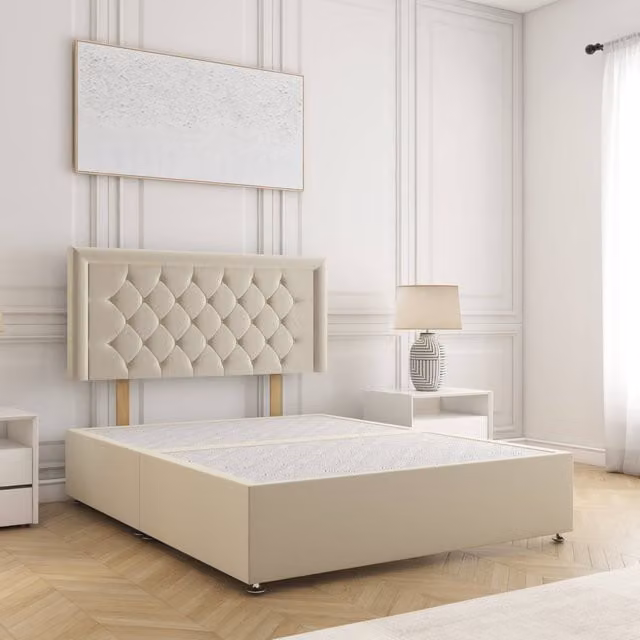 BSSPOKE Nova Plush Velvet Divan Bed with 24 inch Headboard in Beige, King Size (W/D/H: 180 x 200 cm)