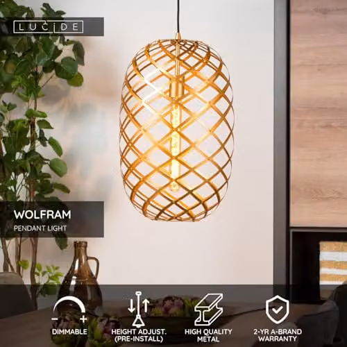Lucide Wolfram Pendant Light in Matt Gold/Brass, Diameter: 32 cm – 2