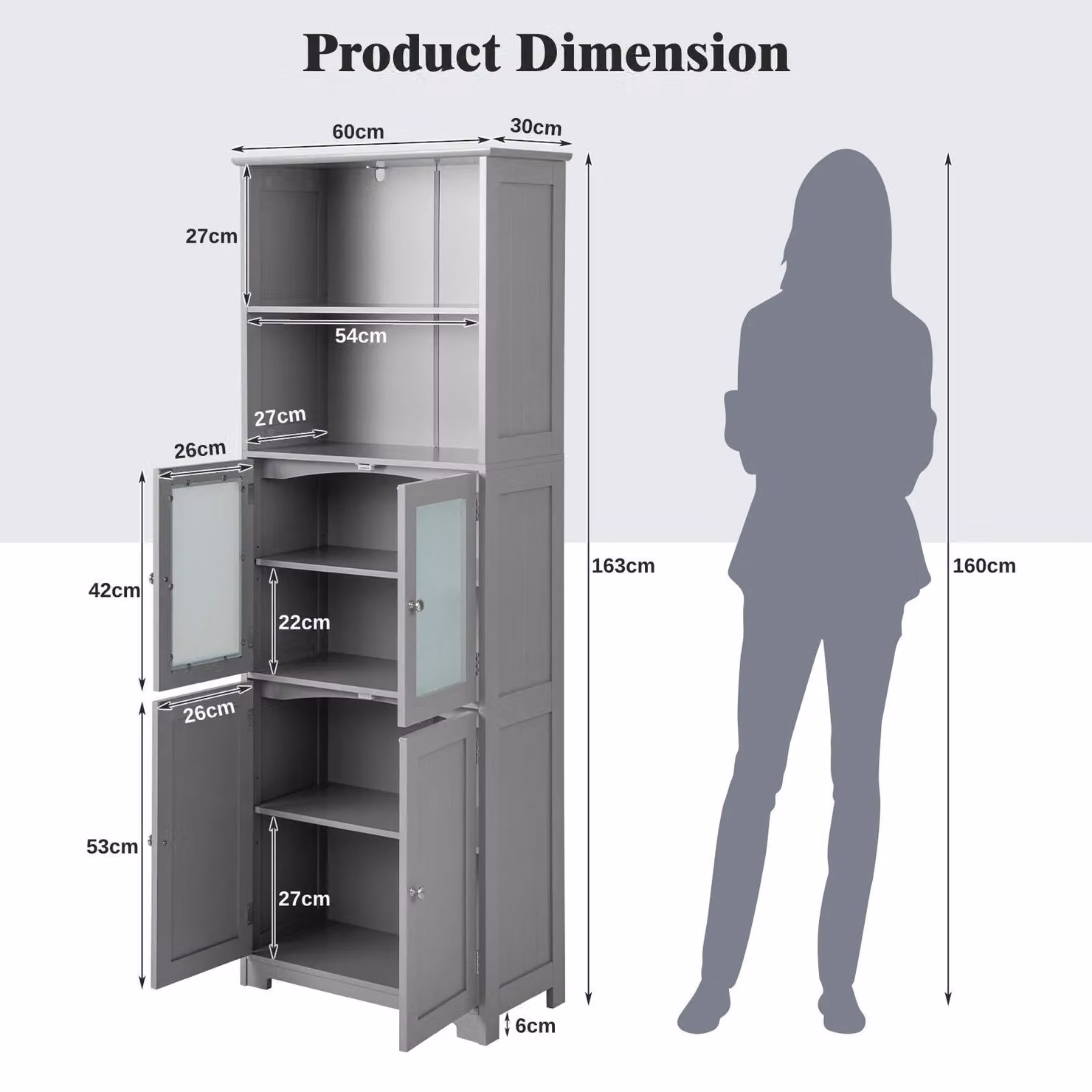 Gymax Grey Modern Freestanding Kitchen and Bathroom Cabinet with Glass Doors and Adjustable Internal Shelves, Height: 163 cm – 2
