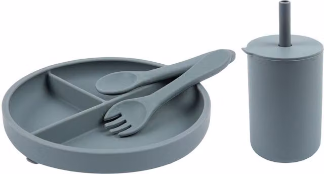 Tiny Dining 4-Piece Silicone Baby Suction Feeding Set in Blue and Grey