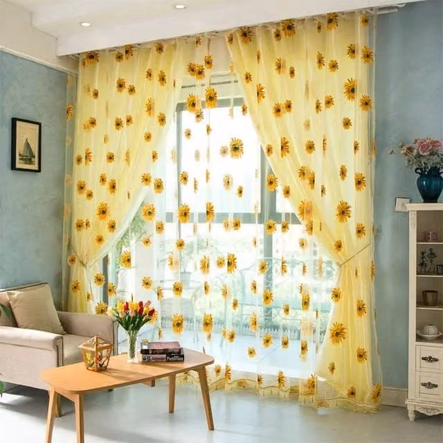 SPETLEK Yellow Floral Transparent Polyester Window Blind Curtain