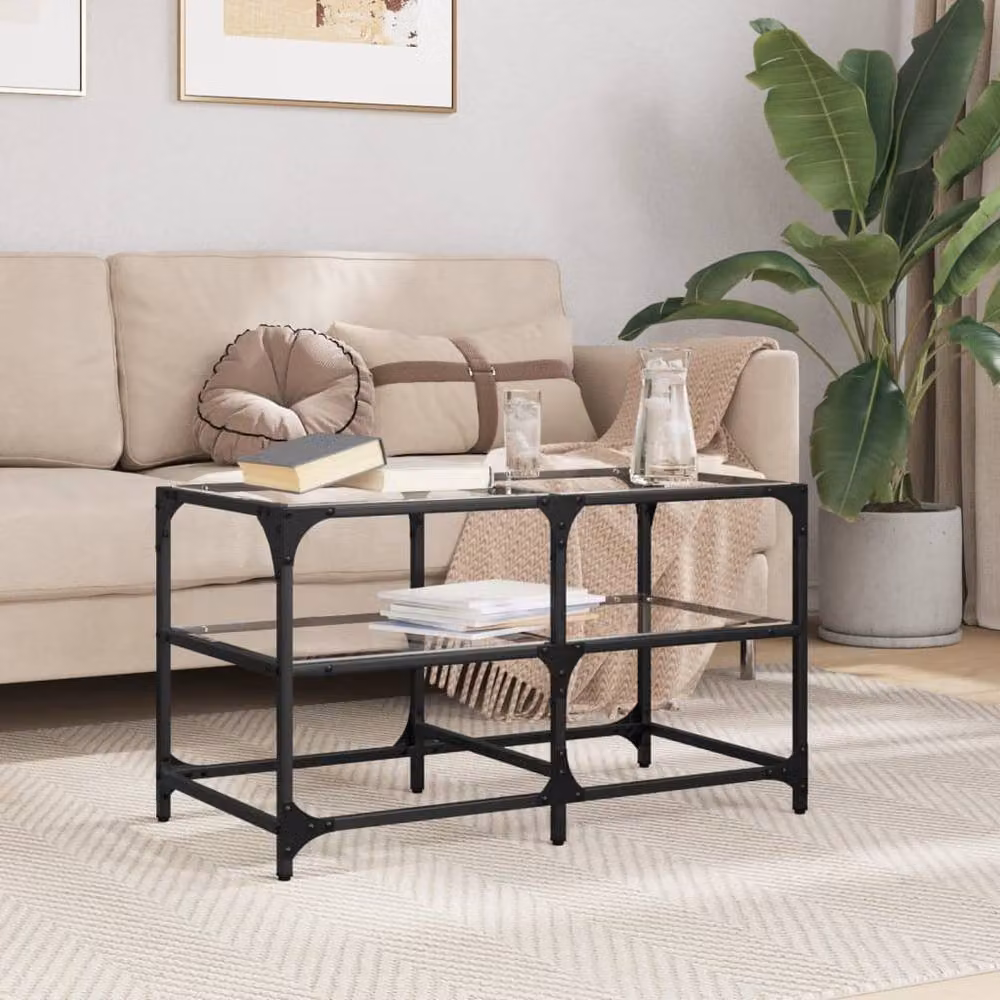 Berkfield Home Industrial Coffee Table with Transparent Glass Top and Black Steel Frame, W: 78.5 cm, D: 40 cm, H: 45 cm – 2