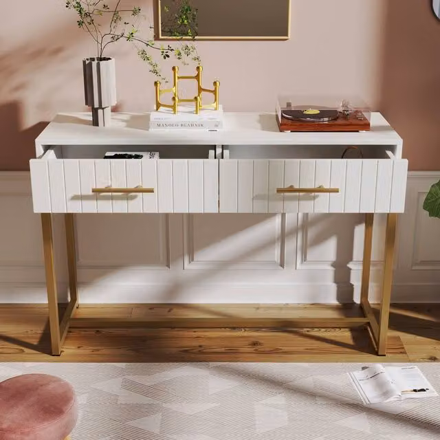 Merax White and Gold Modern Fluted Console Table with Two Drawers