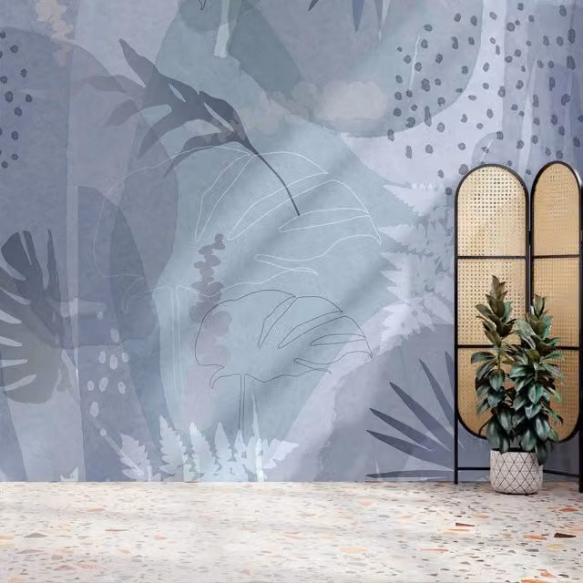 Superfresco Easy Abstract Leaf Indigo Print Mural in Purple and Blue, W: 3 m x H: 2.8 m