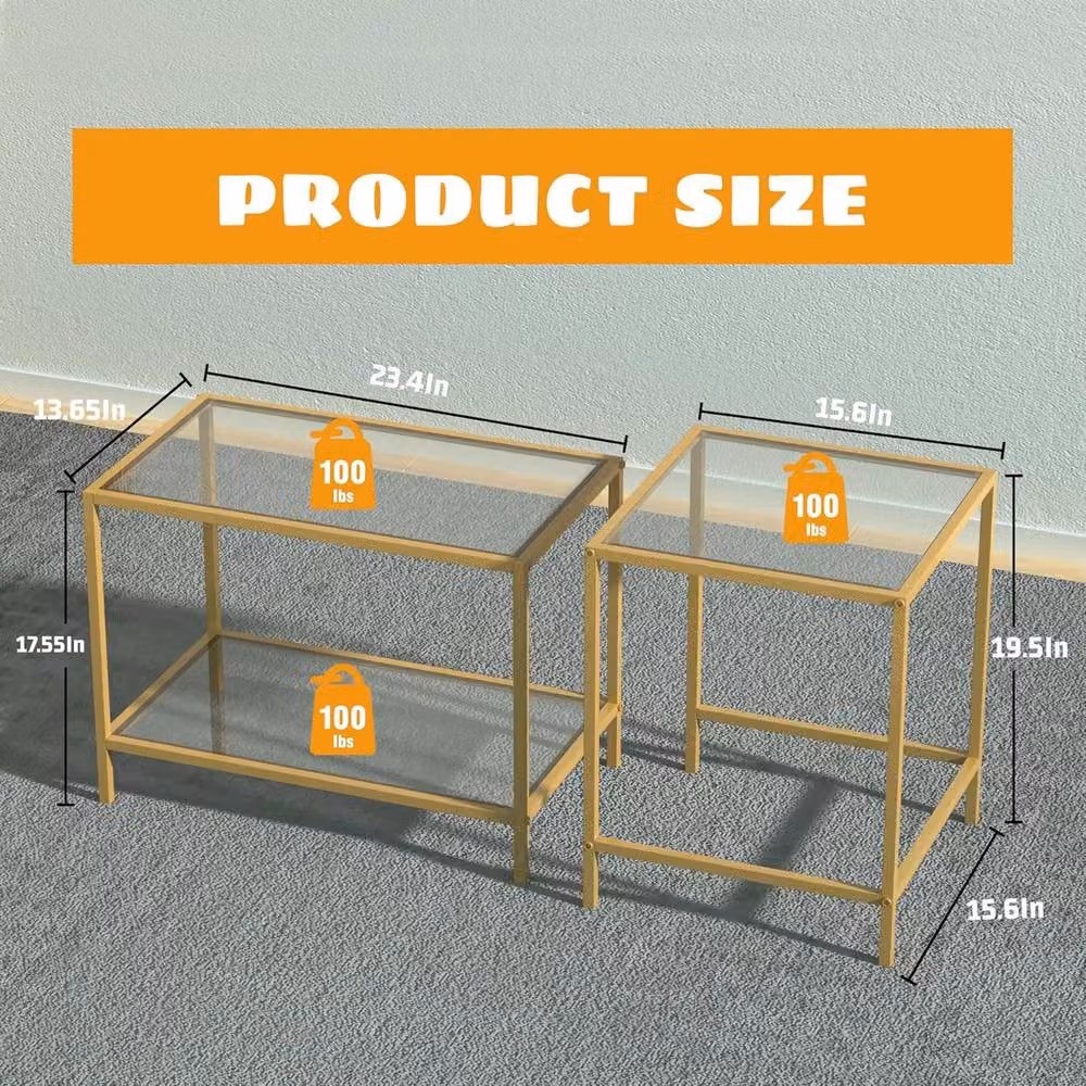 Huhote Set of 2 Modern Nesting Tables with Glass Tops and Gold Metal Frames – 4