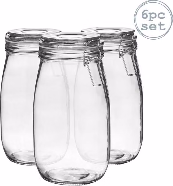 Argon Tableware Glass Storage Jar with Clip Seal, 1.5 l, White, Pack of 6