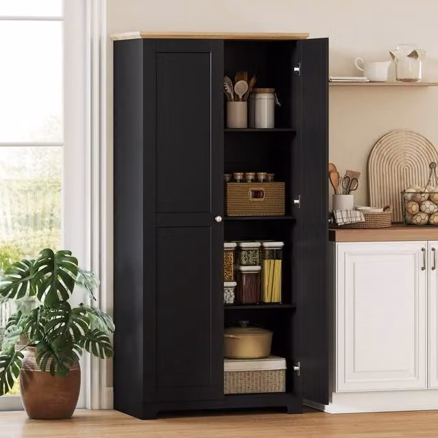 HOMCOM Black Modern Tall Freestanding Kitchen Cupboard and Pantry with 2 Hinged Doors and Internal Shelves, H 172 x W 80 x D 48 cm – 1
