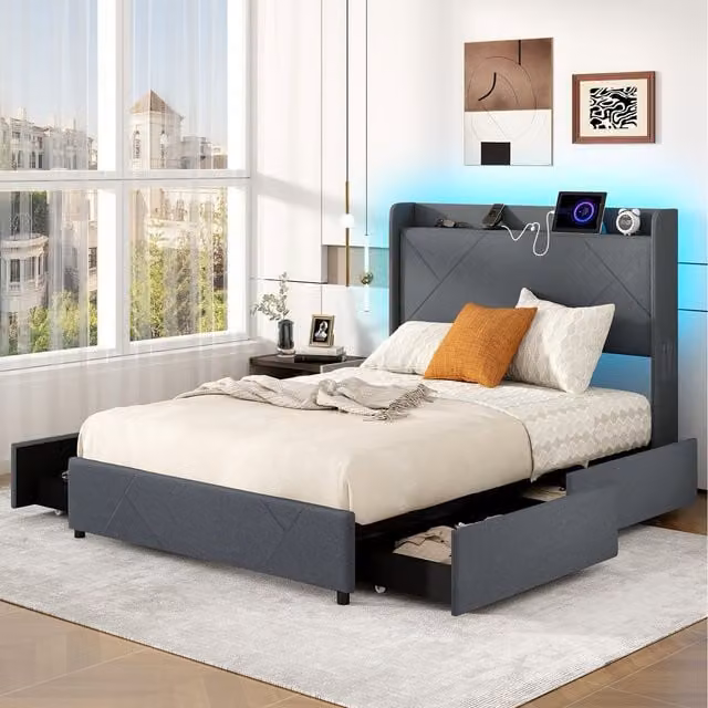 COSTWAY Modern Grey Upholstered Platform Bed with USB Charging Port, Bedside Shelves and Under-Bed Lighting
