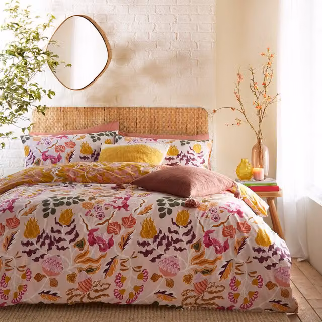Make it a Home Protea Floral Reversible Duvet Cover Set, Pink, Peach, Purple and Green, W: 140 cm, L: 200 cm