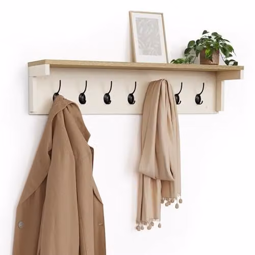 VonHaus Ash Hall Wall Mounted Coat Rack with Shelf in Cream – 1