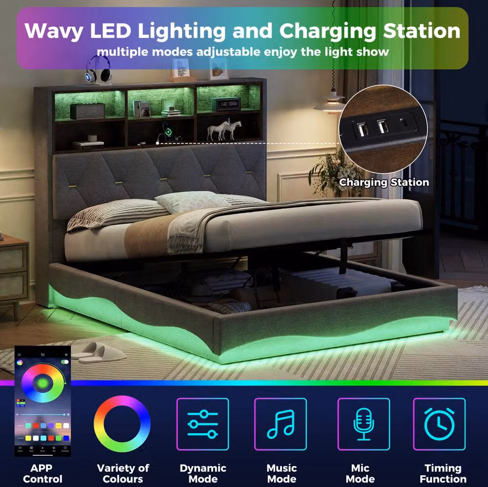 STILVORA Grey Fabric Double Bed Frame with Lift Up Storage, LED Lighting and USB Charging Port, W/D/H: 140 x 200 cm – 4