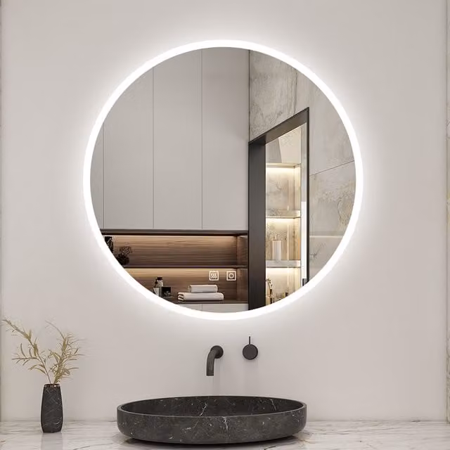 AicaBathroom Round LED Bathroom Mirror with Dimmable Touch Control, White, Diameter: 60 cm