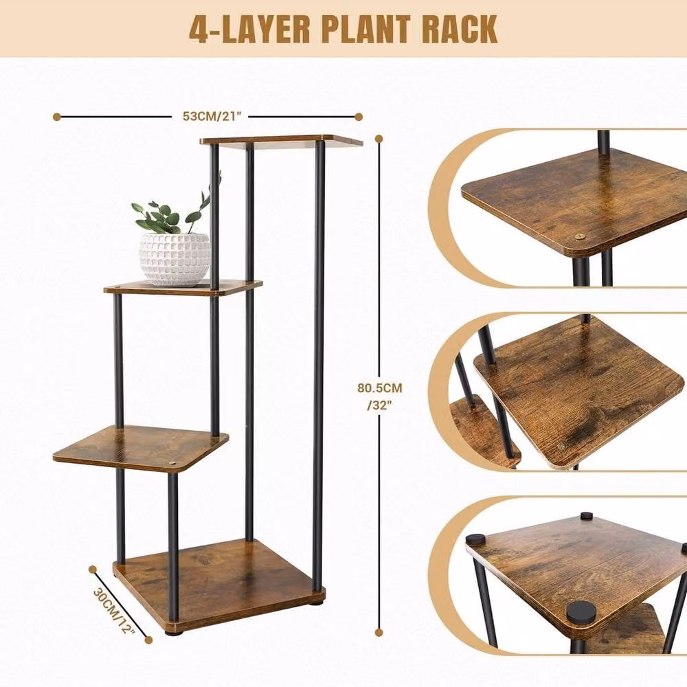 EONLION 4-Tier Metal and Wood Ladder Plant Stand, Brown, H 80 x W 30 x D 40 cm – 2