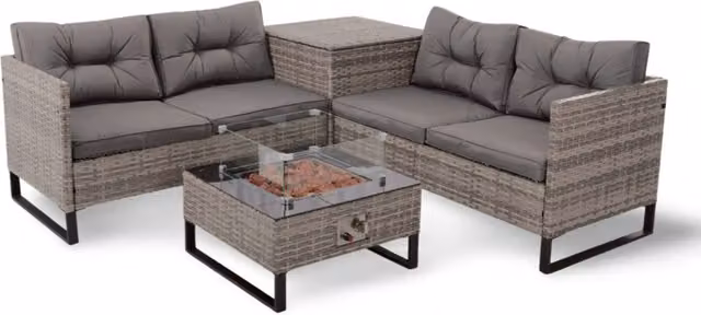 Madefor.living Palma 4 Seater Rattan Corner Set with Fire Pit, Grey