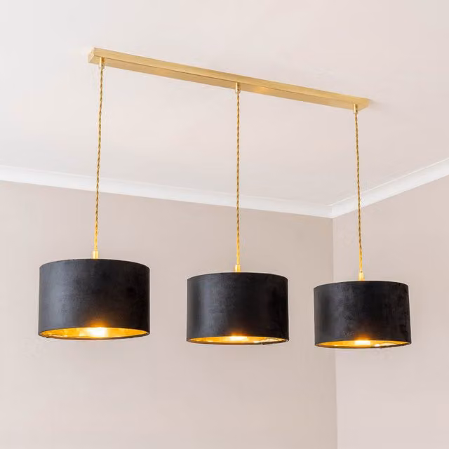 ValueLights Reni Modern 3 Drop Bar Pendant Ceiling Light with Fabric Velvet Shades in Gold/Brass and Black
