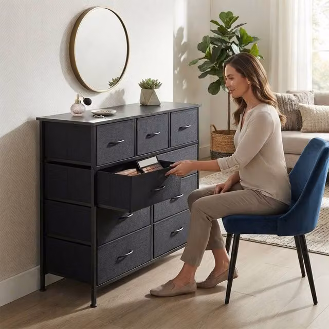 Alivio 9 Drawer Freestanding Storage Cabinet with Steel Frame, Grey, W: 100 cm, D: 30 cm, H: 99 cm