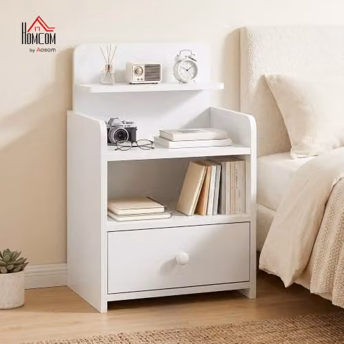 HOMCOM White Bedside Cabinet with Drawer and Shelf for Bedroom or Living Room – 2